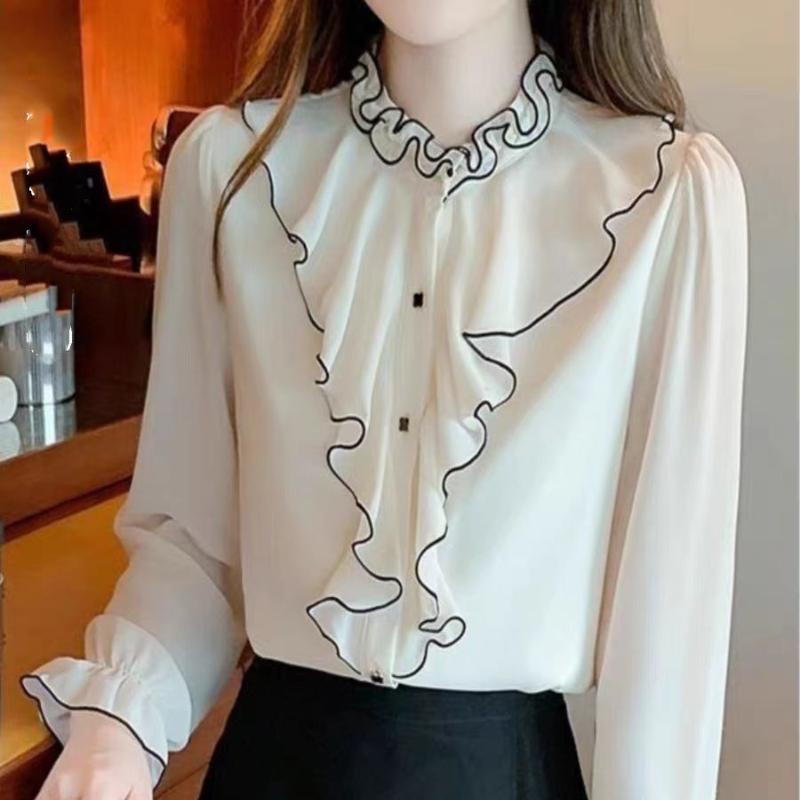Fashion Flare Sleeve Chiffon Blouse New White Shirt Spring Autumn Ruffle Edge Long Sleeve Bottoming Shirt M-2XL