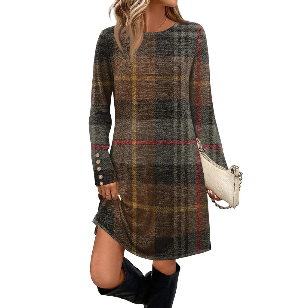 Damenmode Freizeitkleid mit Taschen, dekorativen Knöpfen, Rundhalsausschnitt und langen Ärmeln