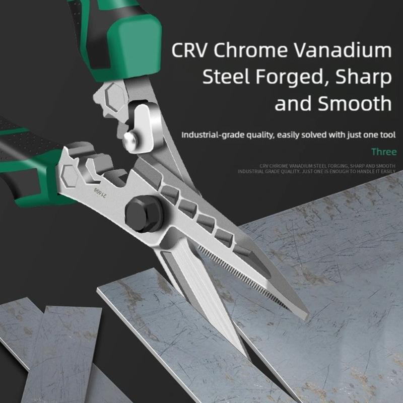 Professional Tin Snips With Crimper Pliers Tool Hexagonal Key Serrated Blade Ergonomic Comfortable Grip Nonslip Design