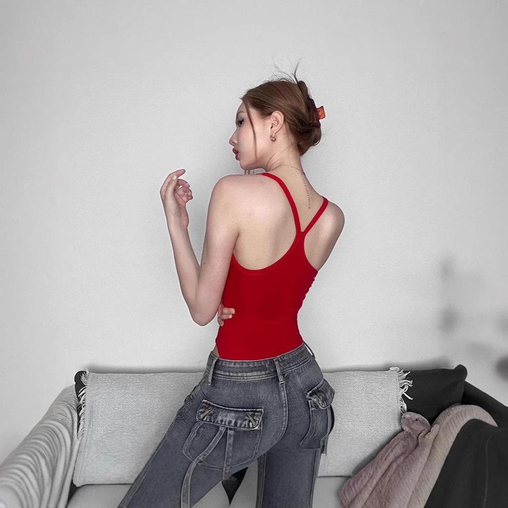 Red Spaghetti Strap Crop Top Jumpsuit with Letter Embroidery