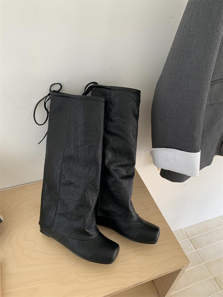 Square Head Pants Boots Women's Boots Inner Height Increase 2025 Autumn and Winter New Cool But Knee Boots Rear Lace-up Fashion Boots Women