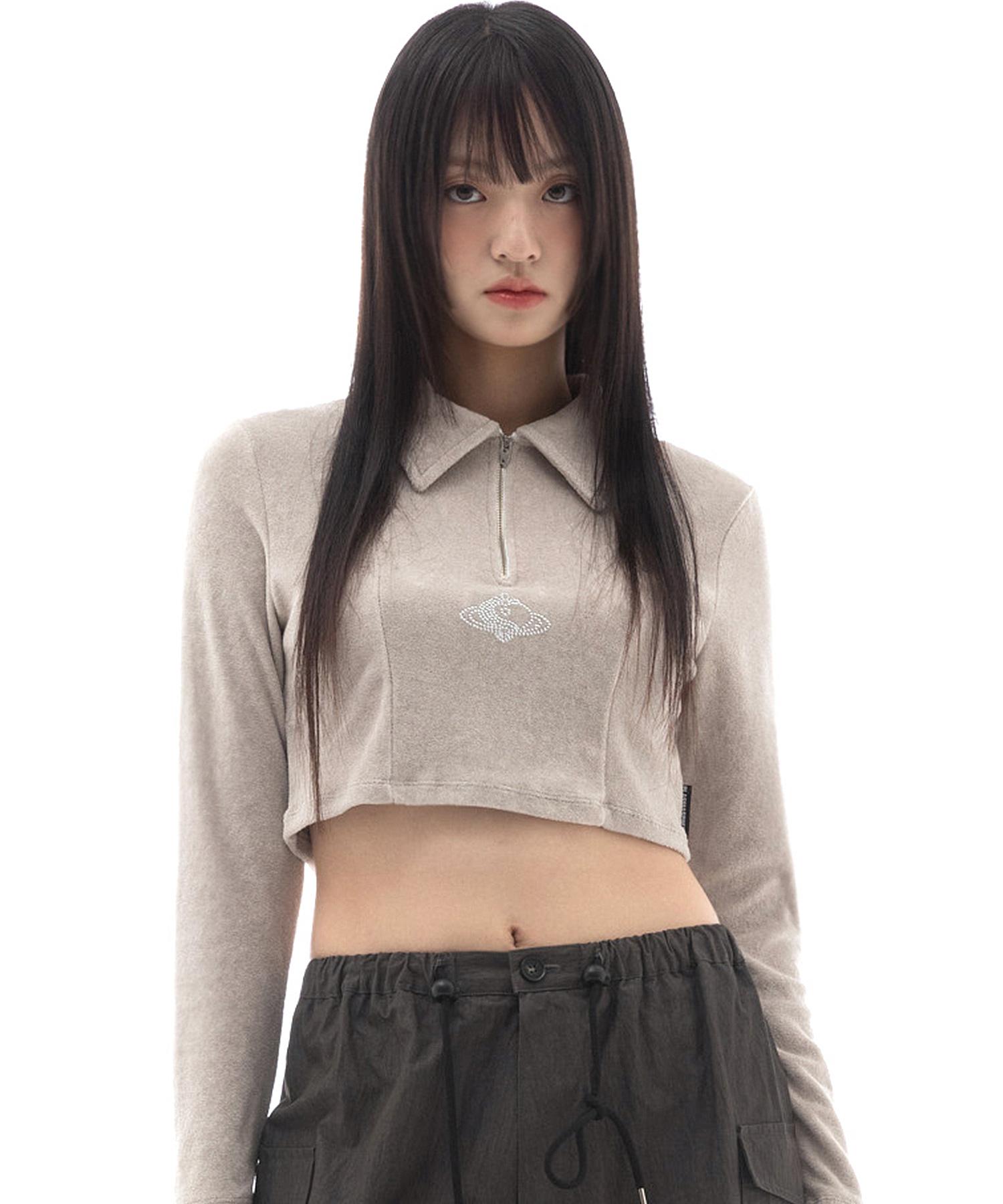 World T-Shirt In Beige (Half-Zip Crop Top) Beige/Free