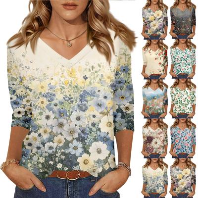 Women's Tops Three-quarter Sleeve Shirt V-neck Loose Casual Shirt Floral Print T-shirt