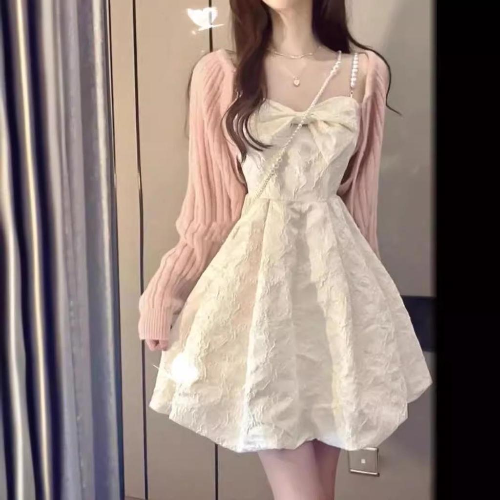 Elegant White Pearl Suspender Dress: French-Inspired Sweetheart Waist Princess Style