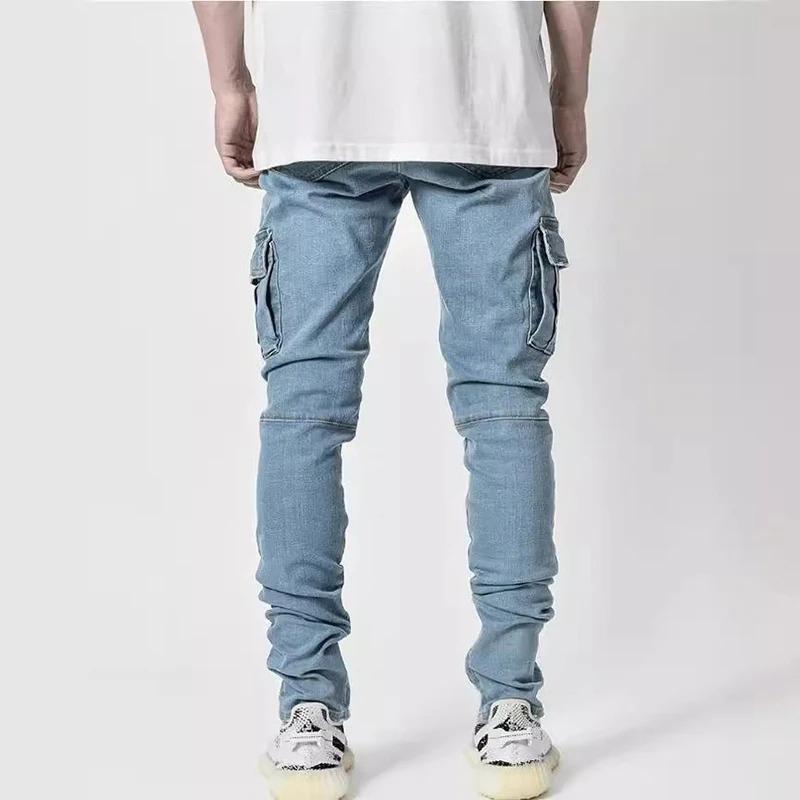 Pánské Street Elastické Džínové Džíny Wash Jednobarevné Více Kapes Kapsáčové Kalhoty Ležérní Slim Fit Denní Nošení Joggers Střední Pas Kalhoty