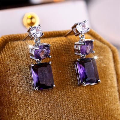 Cute Female Stone Blue Purple Zircon Stud Earrings Silver Color Wedding Jewelry For Women