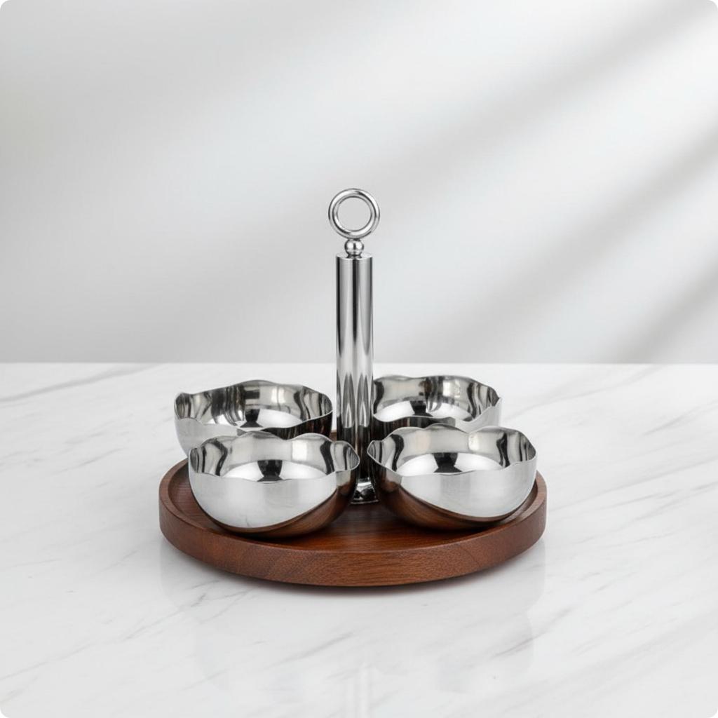 4 Pieces Stainless Steel Snack Bowl with Wooden Tray Reflective Polished Serving