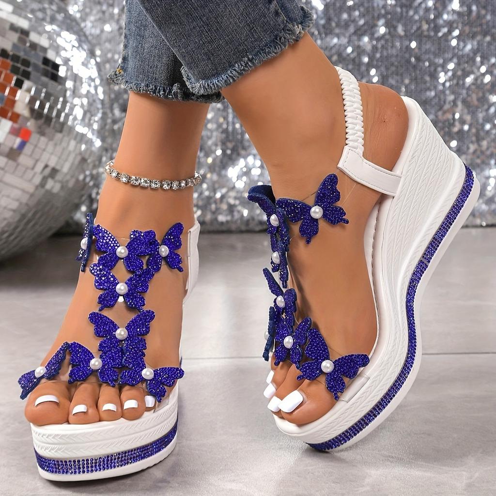 2025 Neue Fashoion Keil Damen Sandalen Schmetterling Perlen Dekoration Wort mit Diamant Designer Damen Sandalen Sandalias De Mujer