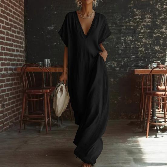 Damen V-Ausschnitt Maxikleid Sommer Baumwolle Leinen Fließend Strand Sonnenkleid Spitzenbesatz Lässig Locker Lang Kleid mit Taschen