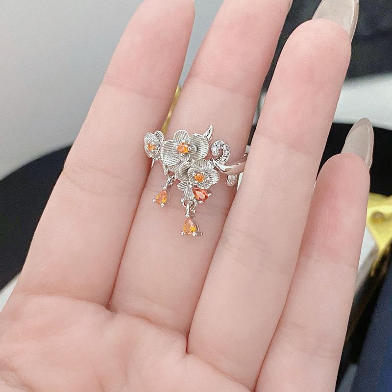 Flowers Are Like Brocade~ Medieval Vintage Hollow Zircon Flower Row Ring Opening Ring Enamel Light Luxury Noble Diamond