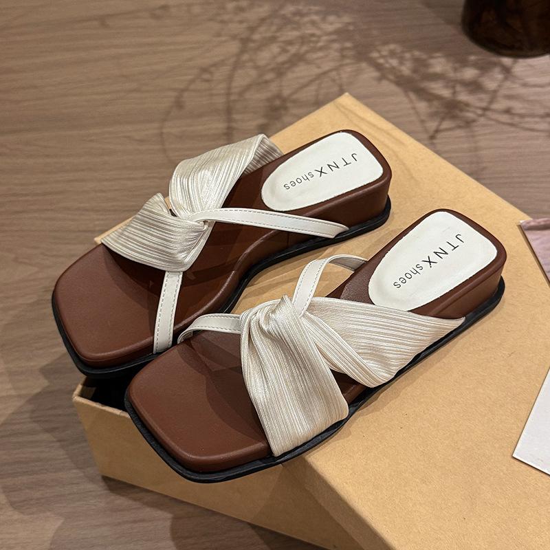 Retro Cross Belt Simple Fairy Open-toed Sandals Female Summer New Wedges Square Head Wear Comfortable One-word Slippers