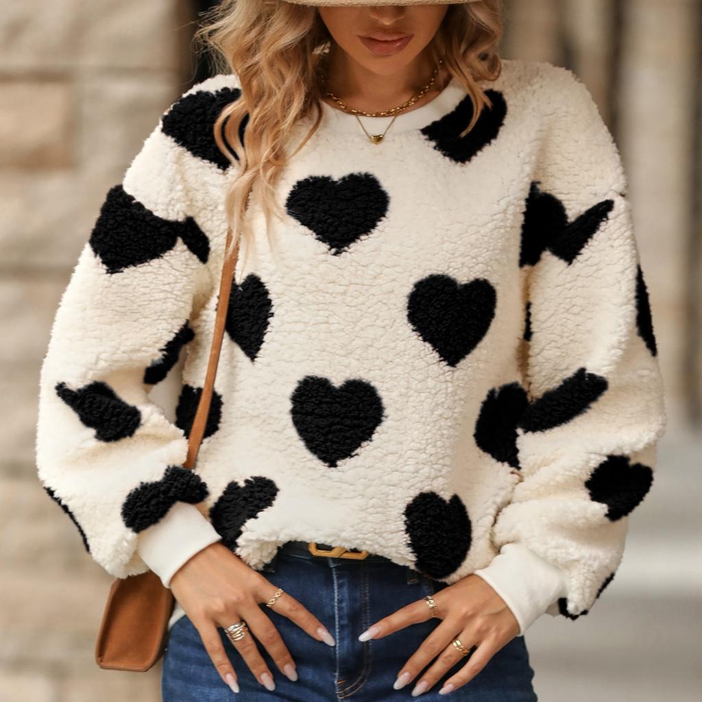 GMXIA Fließender Damen Herbst Winter Plüsch Liebe Print Locker Langärmliger O-Ausschnitt Pullover Hoodie