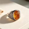 Women's Elegant Hollow Amber Ring, Ancient Style, Retro 925 Silver with Floral Pattern and Inlaid Stone, for Index Finger.