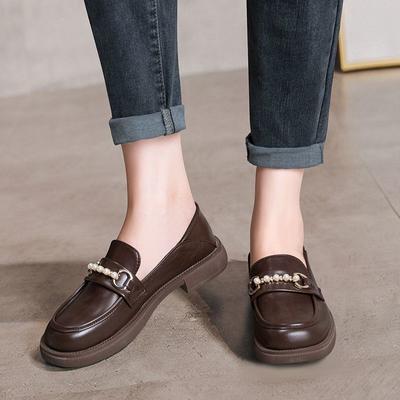 Fashion Kawaii Normal Leather Casual Moccasins Loafers Women's Summer Footwear Cute with Medium Heels Shoes for Woman 2024 Square Toe A