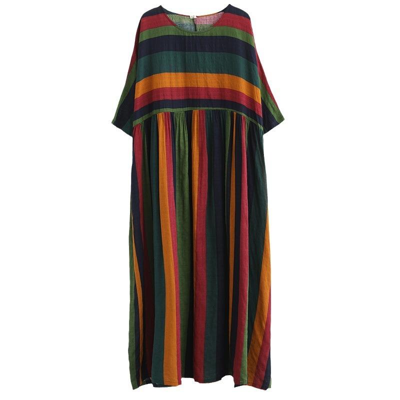 Real shot summer new literary large size loose splicing striped cotton and linen short-sleeved dress women's clothing