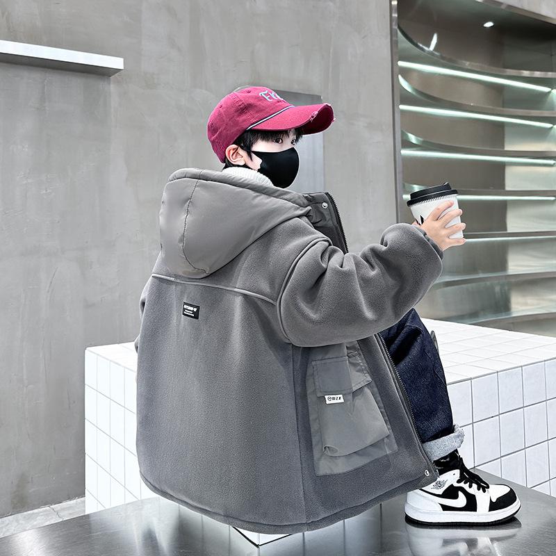 

2025 Boys Oli Velvet Cotton-Padded Coat - Thickened for Autumn/Winter, New Style Parka for Middle and Big Kids 120 темно-серого