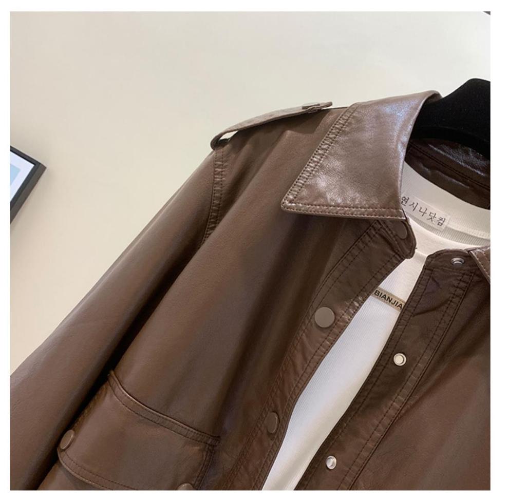 2025 Women's Plus Size Casual Leather Motorcycle Jacket with Turn-Down Collar