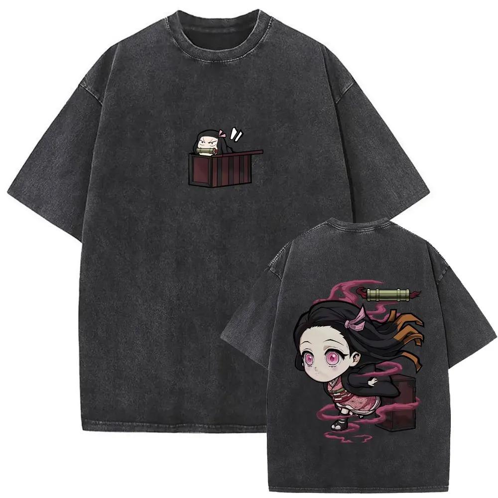 Demon Slayer Nezuko Kamado Chibi Vintage Washed Double-Sided Graphic T-Shirt, Oversized Anime Streetwear Tee, Unisex Casual Top L