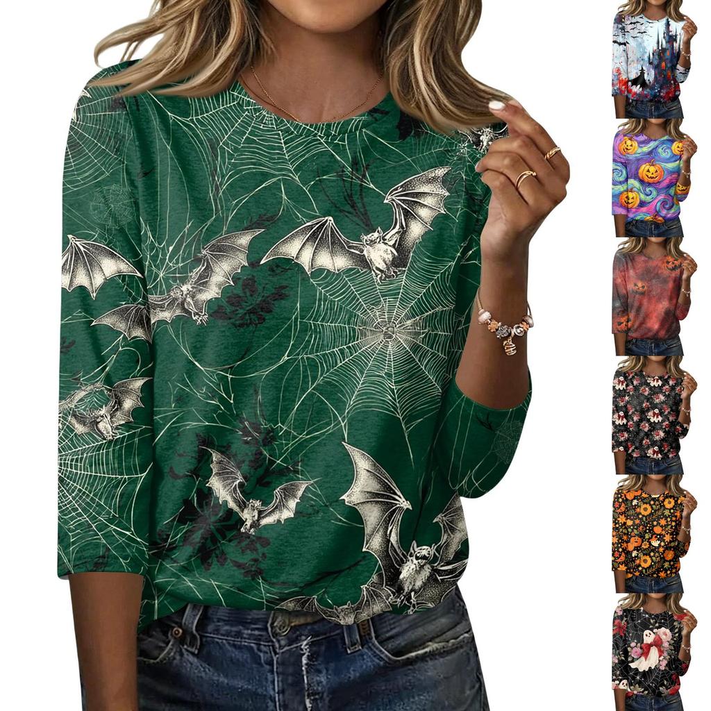 Women's Casual Halloween Print Crew Neck Three Quarter Sleeve T Shirt Top Lightweight Comfortable Fit for Everyday Wear