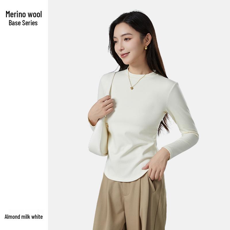 

Женский облегающий базовый слой с круглым вырезом из шерсти с флисовой подкладкой - Термогенерирующая футболка с длинным рукавом для осени/зимы XL (130-145 jin)