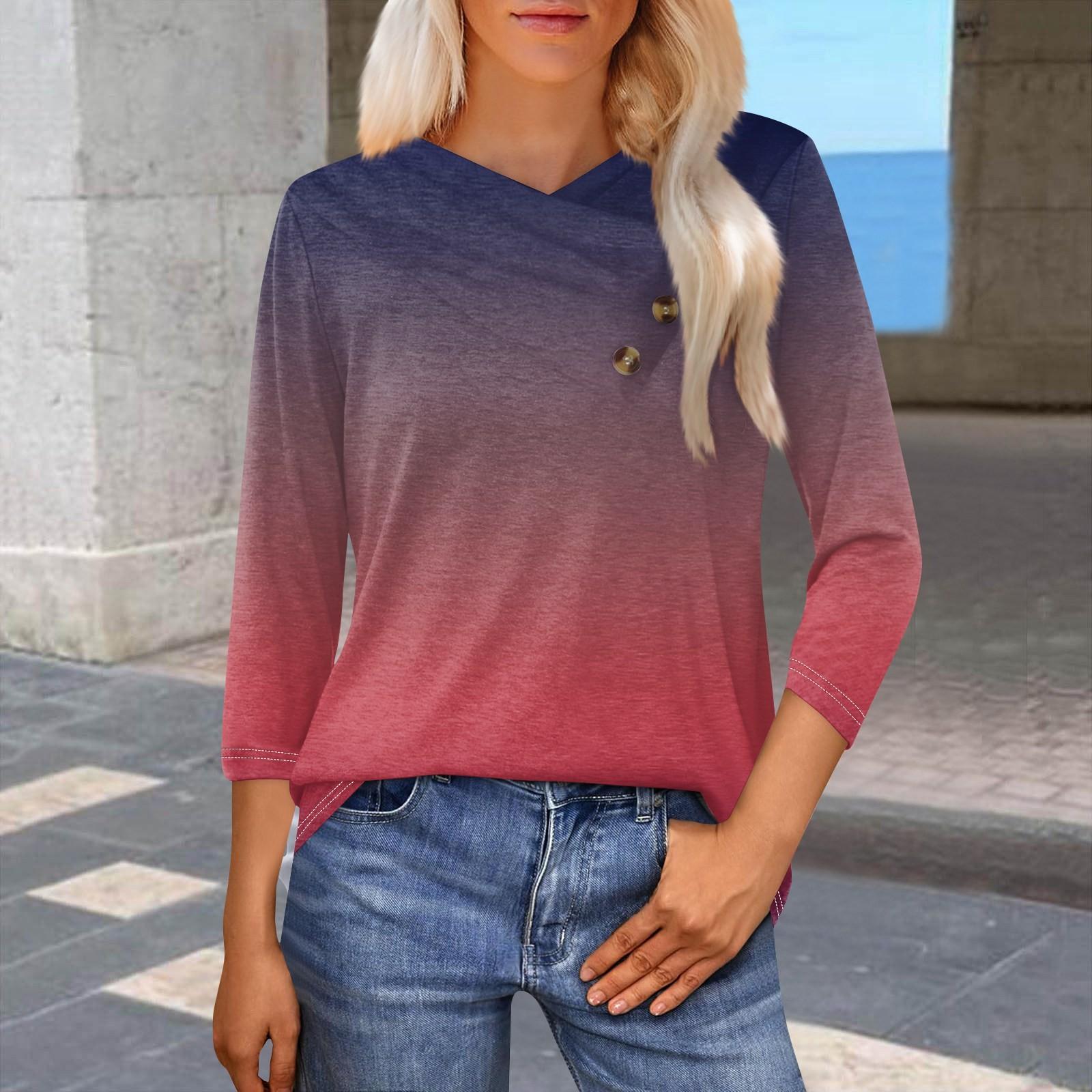 

Женская модная повседневная футболка с принтом в виде градиента, рукавами-семиточками, V-образным вырезом и застежкой на пуговицы XL арбуз красный