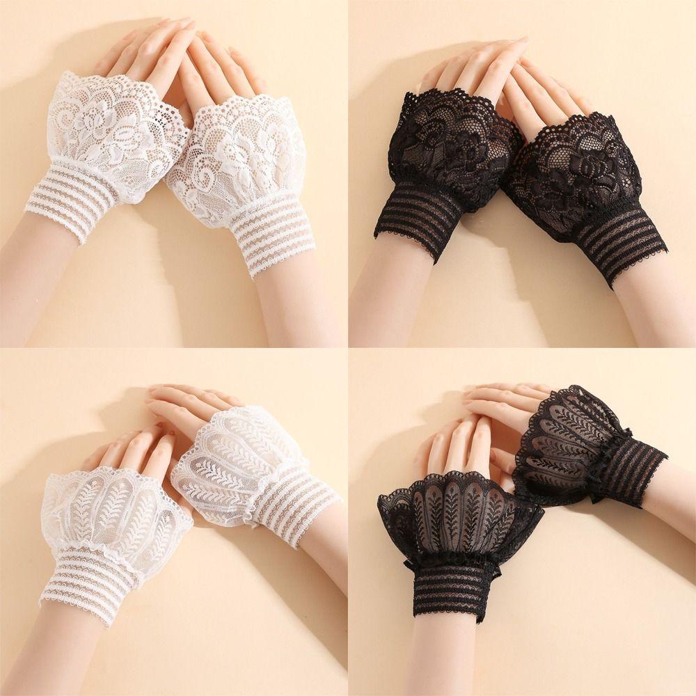 1 Pair Versatile Elegant Fake Cuffs Embroidery Pattern Solid Color Lace Sleeves Detachable Thin Decorative Wristband For Women