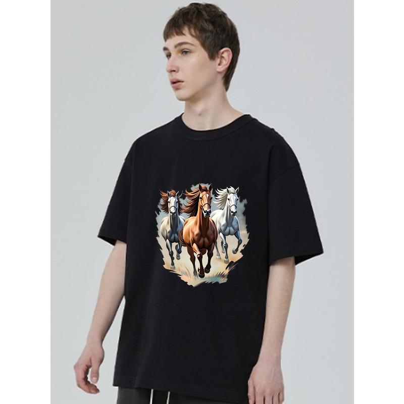 Men's T-Shirt Black Three Horses Running Print Casual Wear For Everyday Outfits And Outdoor Activities