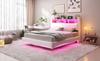 Zwevend design gestoffeerd bed 140*200 gemaakt van linnen stof, multifunctioneel opbergbed met LED-licht, USB en TYPE-C interface beige