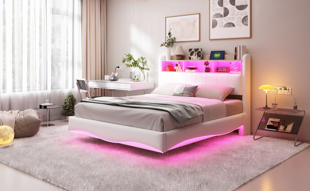 Zwevend design gestoffeerd bed 140*200 gemaakt van linnen stof, multifunctioneel opbergbed met LED-licht, USB en TYPE-C interface beige
