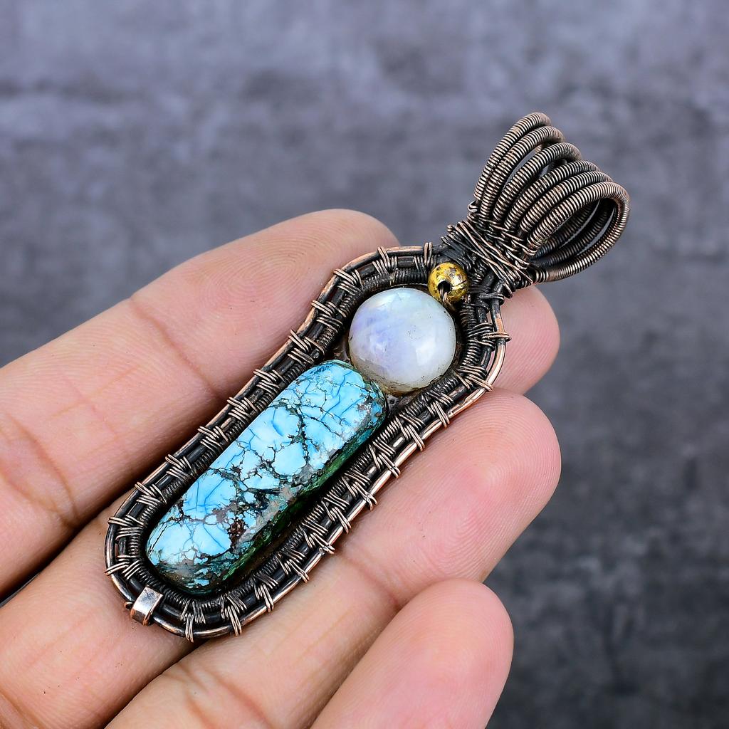 Natural Tibetan Turquoise, Moonstone Copper Wire Wrap Jewelry Pendant 3.15" N9l95