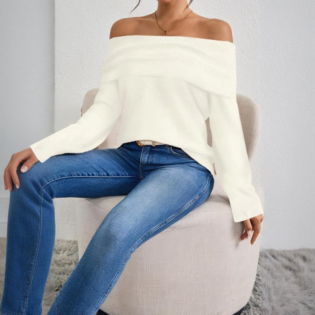 Women -color One-shoulder Slim And Fashionable Long-sleeved Knitted Sweater Top