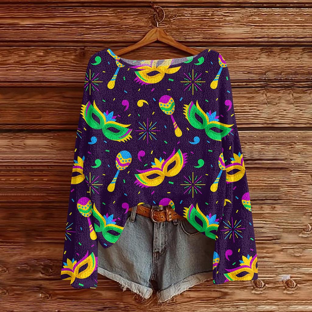 Women's Fashion Round Neck Long Sleeve Print Casual Pullover Sweater Top