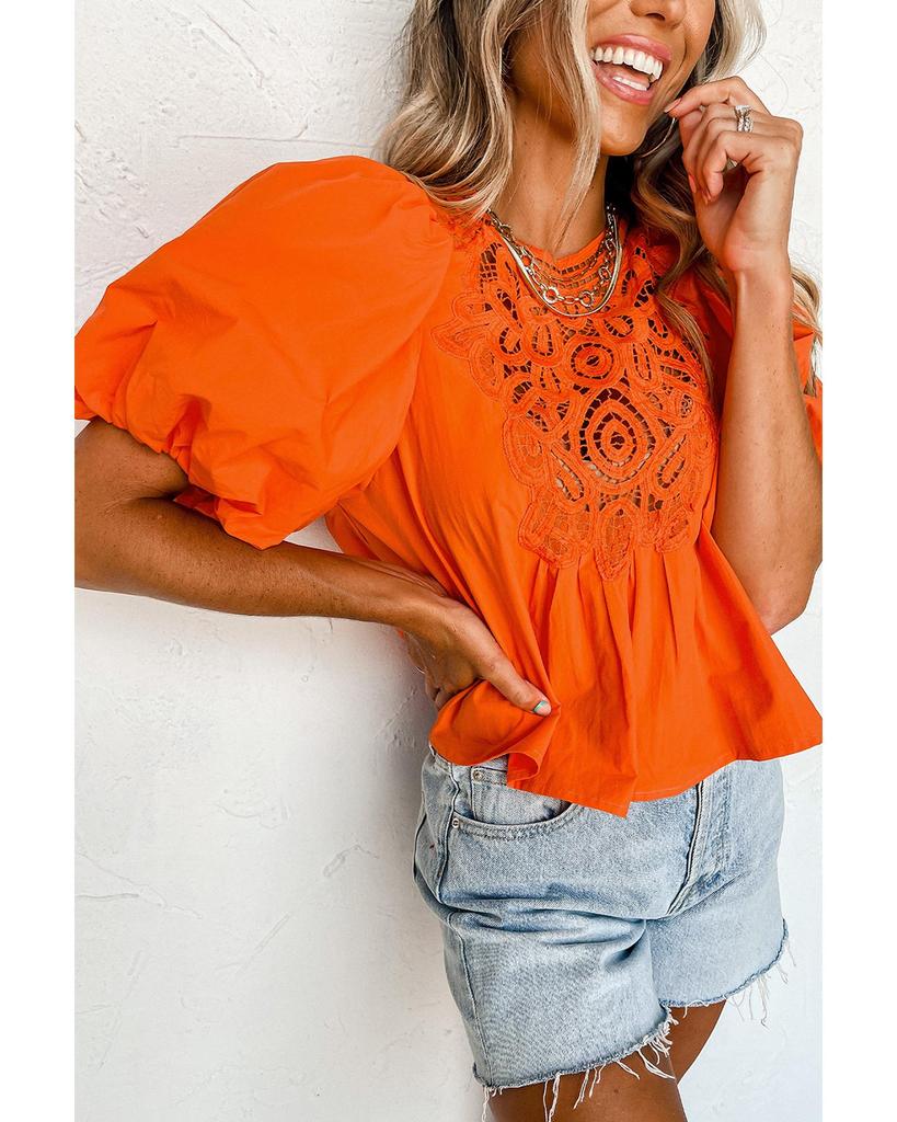 Azura Exchange Orange Hollowed Lace Splicing Puff Sleeve Blouse