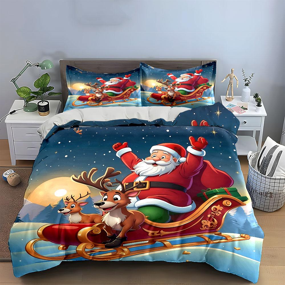 Santa Claus Sleigh with Reindeer Bedding Duvet Cover Set Duvet Cover Pillowcases (1*Duvet Cover 2*Pillowcases, Without Duvet Insert)