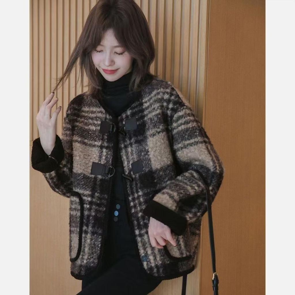 Plaid Woolen Spring and Autumn Lamb Loose Horns Fragrant Wind Plus Velvet Thick Woolen Coat Top