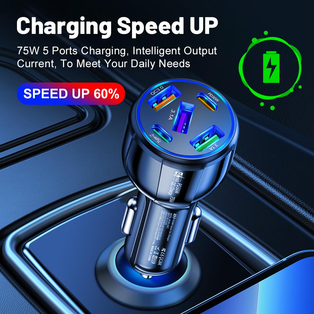 75W Car Charger Multiple 4 Fast Quick Charging Ports Type C USB PD Mobile Phone Adapter in Car for iPhone Xiaomi Huawei Samsung
