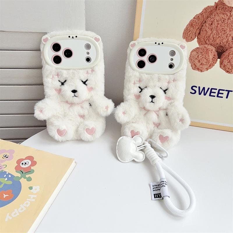 Luxusní 3D kreslený medvídek plyšový s šňůrkou Pouzdro na telefon Pouzdro na telefon Pro iPhone 17 Air 16 15 14 13 12 11 18 Pro Max Nárazuvzdorný kryt
