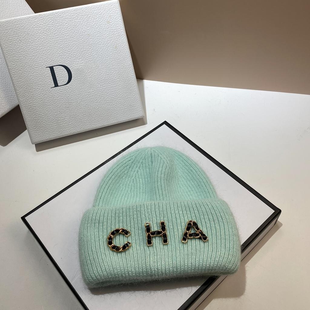 Chain Letter Cha Simple Wool Hat Winter Warm Rabbit Hair Double Fold Knitted Hat Outdoor Ear Protection