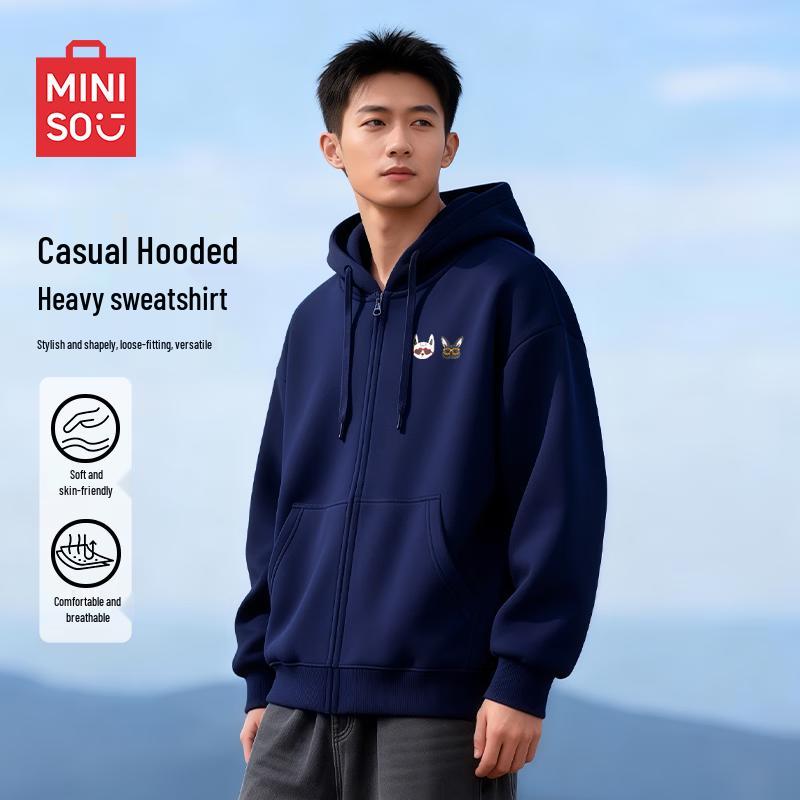 MINISO Men's Playful Cat Graphic Heavyweight Zip Hoodie