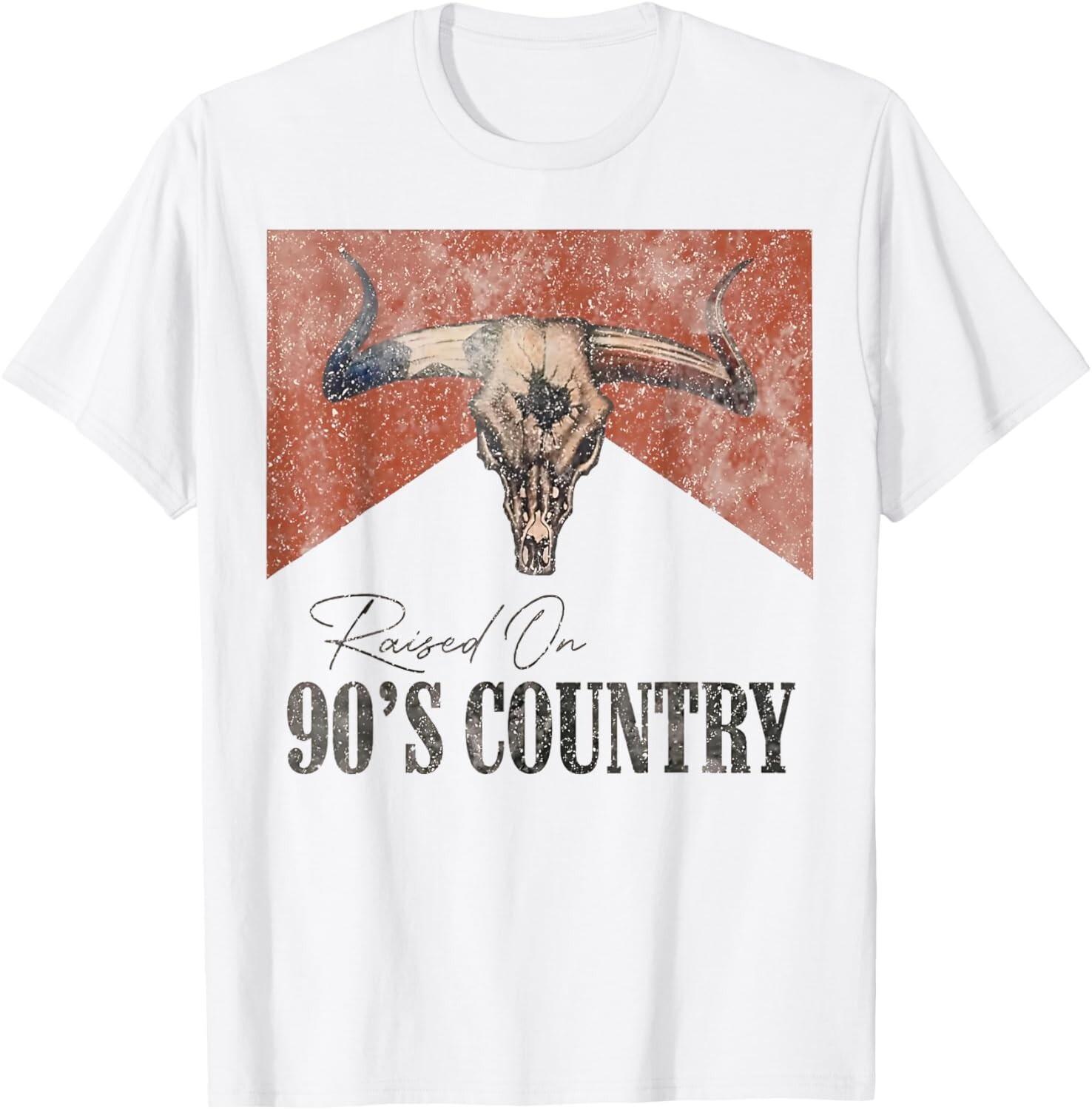 Vintage Western Bull Skull Raised On 90 s Country Music T-Shirt Mens Womens Tees Top S