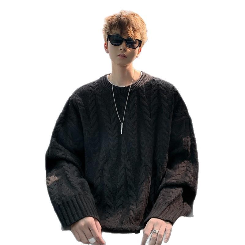 Men's Trendy Plus Size Cable Knit Sweater - American Style, Round Neck, Autumn Outerwear