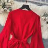 Elegant V-Neck Chiffon Dress with Waist-Cinching A-Line and Pleated Design