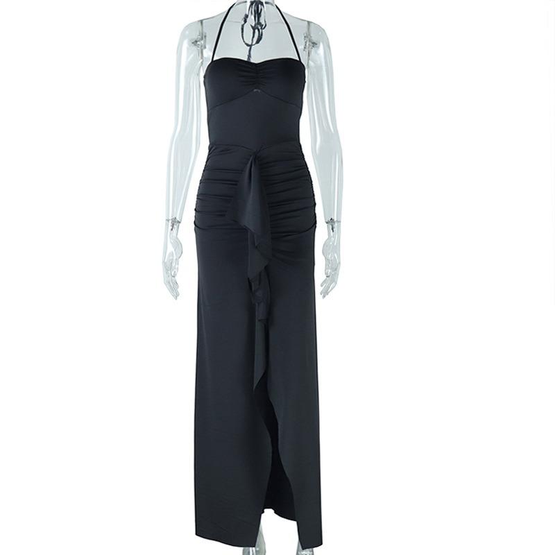 Women's Tight-fitting Halter-neck Dress Solid Color Splicing Sleeveless Dress Halter Sleeve Fold Midwaist Irregular Dress