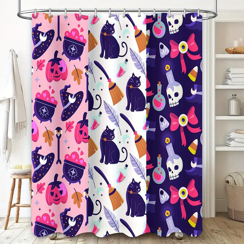 Halloween Bathroom Decor Shower Curtain Set Witch Hat Cat Print Halloween Decoration for Bathtub or Kids Bath Rugs Multicolor 2