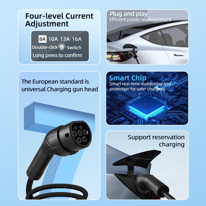 A New Type of Electric Vehicle Charging Gun, Ev European Standard, Convenient On-Board Charging, Suitable for Home Use, with Adjustable Four-Level
