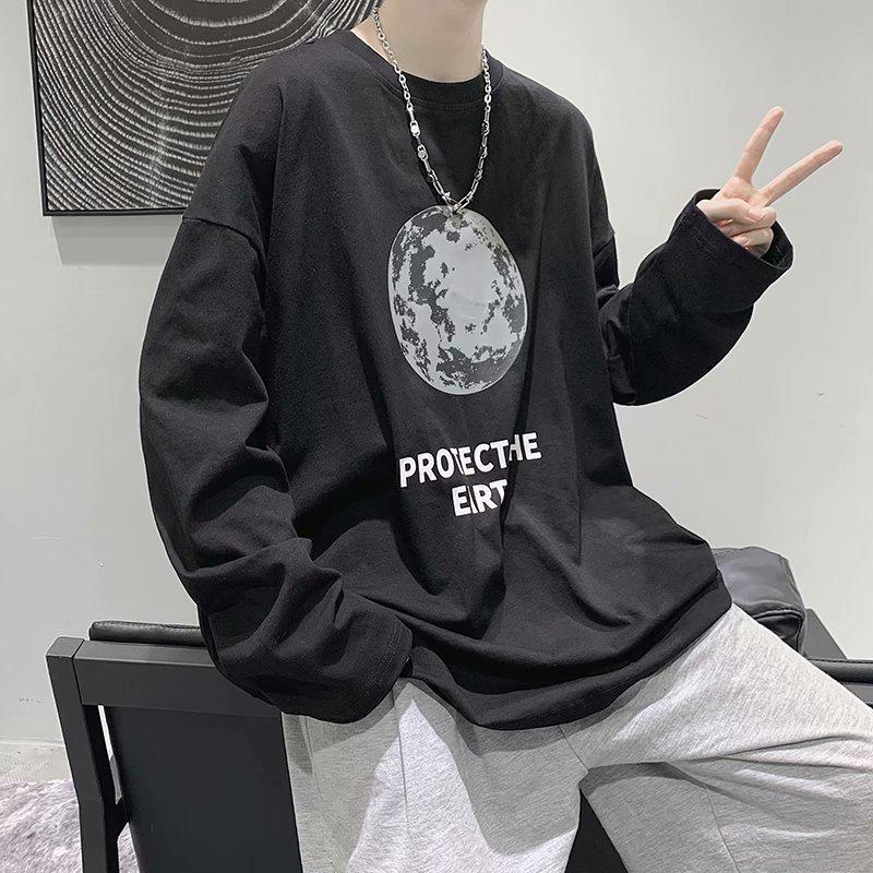 

Мужская модная свободная футболка с длинным рукавом — универсальная осенняя мода в корейском стиле M чёрный