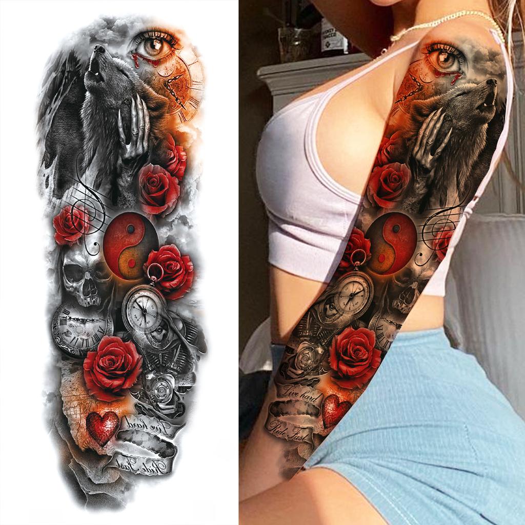 1 Sheet Long Sleeve Temporary Tattoos For Men Women Flower Skull Lion Wolf Tiger Nun Fox Compass Tattoo Sticker Body Art Arm Leg