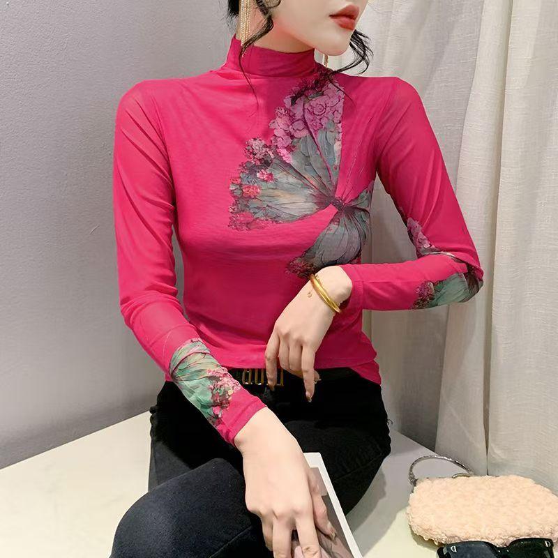 Mesh Temperament Bottoming New Fashion Women's Long-sleeved Printed High-neck T-shirt Top Slim