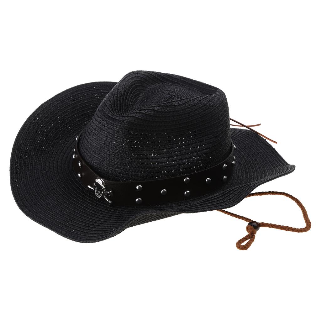 Metal Skull Decors Women Men Straw Weaving Hat for Spring Summer Elegant Lady Man Church Cosplay Hat Adjustable