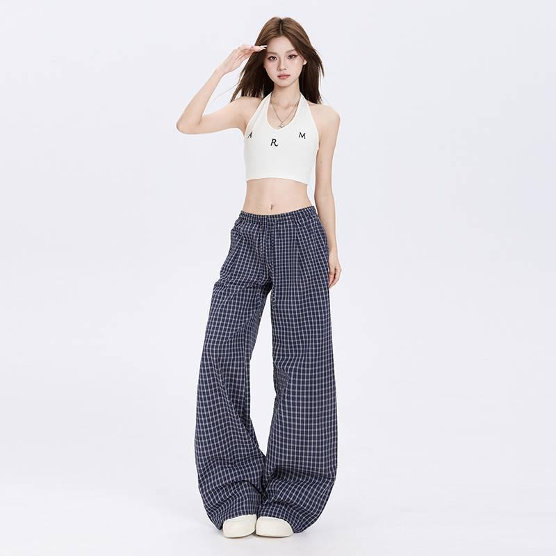 American Retro Plaid Low-Waist Wide-Leg Women s Pants S